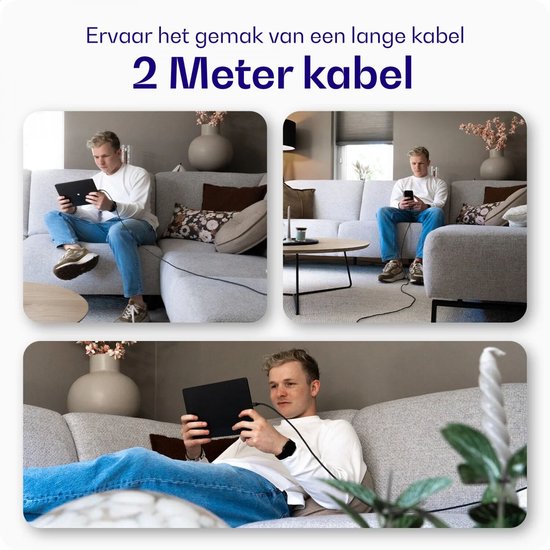 Buddi Flex - USB-C naar USB-C Kabel 60W Fast Charge 20V/3A - Power Delivery - 480Mbps Dataoverdracht - Gevlochten Nylon - 2M Zwart
