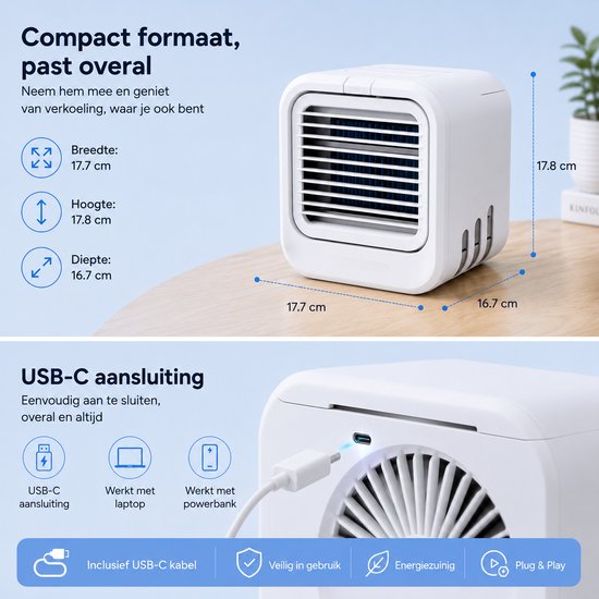 Mini Aircooler met Water USB-C - LED Licht - Tafelventilator - Luchtkoeler - Mobiele Airco - Bureau Ventilator - Silvergear