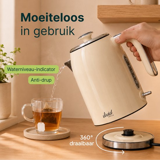 Vivid Green Luxe Waterkoker 1.7L - Retro Design - 2200W - BPA-vrij - 360° - RVS - Creme