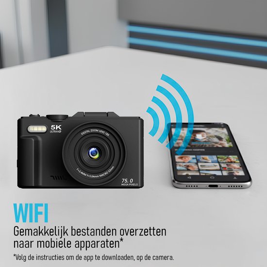 Senzo Digitale Camera 5K met WiFi - 75MP - 18 x Zoom - 60FPS - Fotocamera - Fototoestel - Compact Camera - Vlog Camera - Video Camera - Incl. 64GB