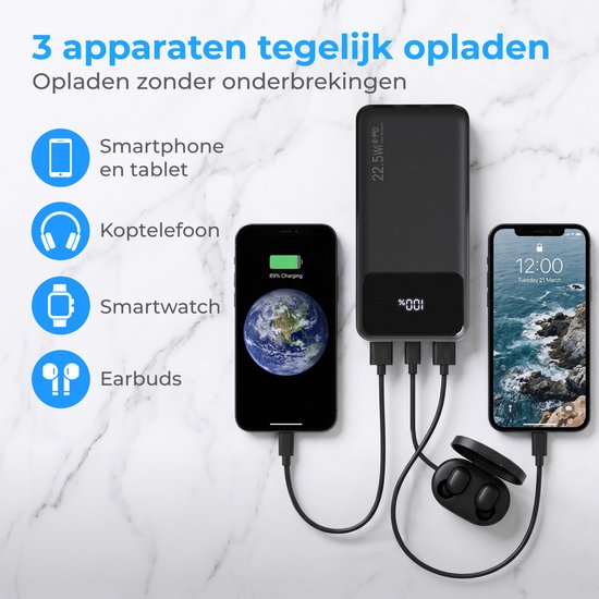 Nuvance Powerbank 20000 mAh - 22.5W Snellader - Usb, Usb-C & Micro Usb - Universeel - Incl. 22.5W Snellaadkabel - Gadgets - Reis Powerbanks