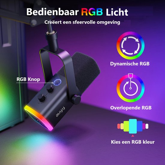 FIFINE - AM8T - USB / XLR Studio microfoon - PC-Gaming Met Flexibele Arm ( 66cm! ) - Geschikt voor PC/PS4/PS5 - RGB - Podcast - Gaming - Streaming - Zwart