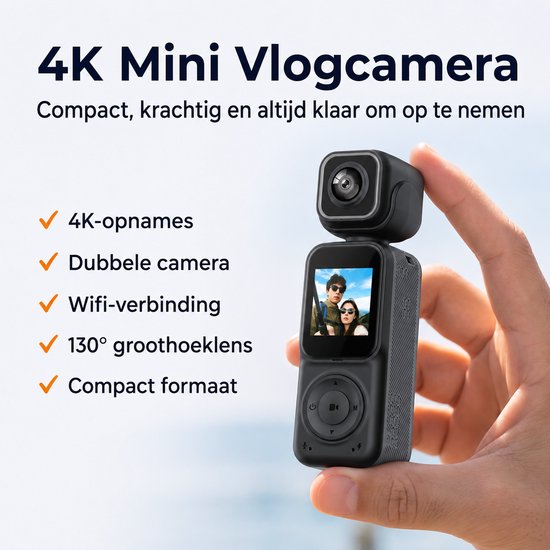 Camigoo® Q3 Pro – 4K Mini Action Camera - Draagbare Actie Camera - Dual Lens Voor & Achter - Incl. 64GB SD Kaart - 150° Groothoek – WiFi Met APP - 180° Draaibaar - 2000mAh Batterij - Loop Recording - Compacte Vlog Camera met Scherm - Zwart