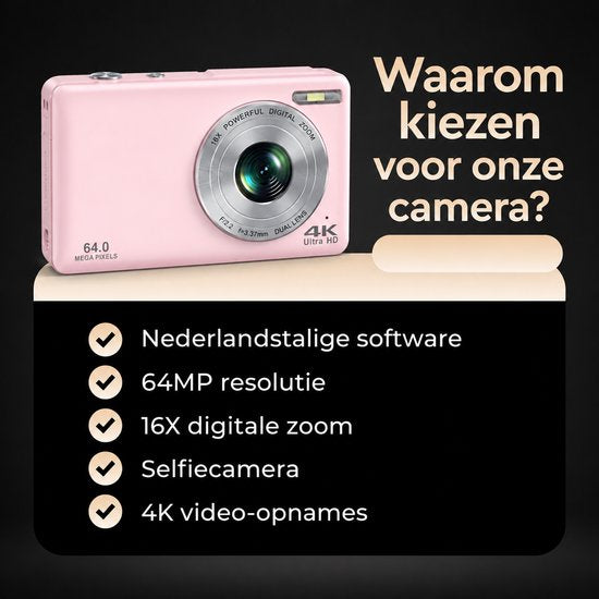 K&L Digitale Camera - 4K Ultra HD & 64MP - 64GB - Fotocamera - Inc. Selfiecamera - Vlog Camera voor Kinderen en Volwassenen - Compact Camera - Foto & Video - Dual Lens - 16x Zoom