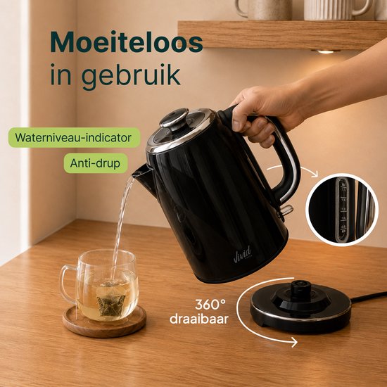 Vivid Green Luxe Waterkoker 1.7L - Retro Design - 2200W - BPA-vrij - 360° - RVS - Zwart