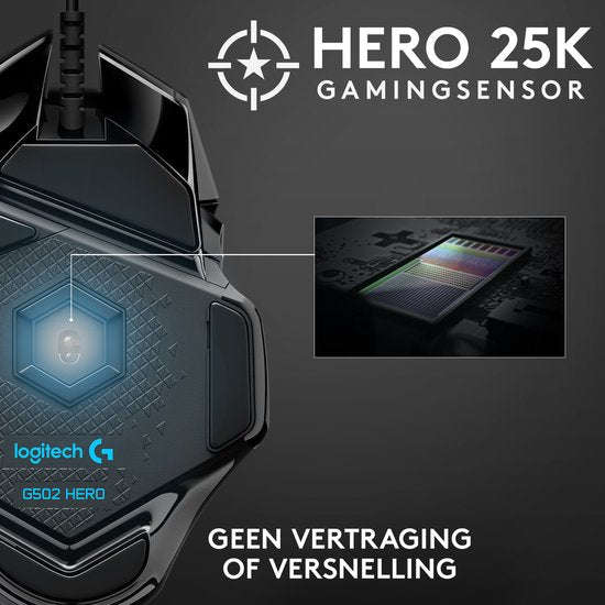Logitech G502 HERO - Bedrade Gaming Muis - 25.600 DPI - Rechtshandig - Zwart
