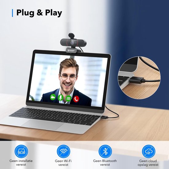 4K Ultra HD Pro Webcam met Ruisvrije Microfoon - Incl. Webcam Cover en USB Adapter - Voor Laptop en PC - Windows en Mac