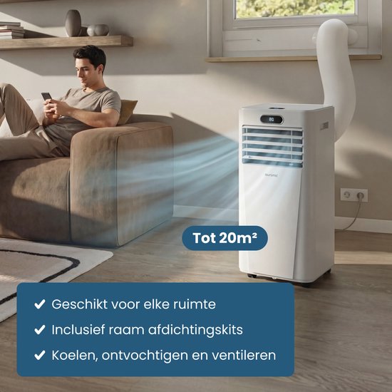 Auronic Mobiele Airco - 7.000 BTU - 3-in-1 - Airconditioning met 2 Raamafdichtingskits - Ventilator - Ontvochtiger - Tot 20m² - Wit
