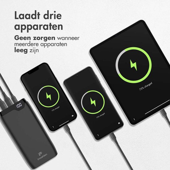 imoshion® Powerbank 20000 mAh - 22.5W Snellader - USB C / USB A - LED Display - Powerbanks - Universeel - Noodpakket - Zwart