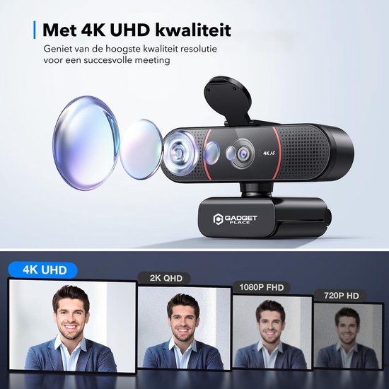 4K Ultra HD Pro Webcam met Ruisvrije Microfoon - Incl. Webcam Cover en USB Adapter - Voor Laptop en PC - Windows en Mac
