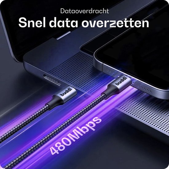 Buddi Flex - USB-C naar USB-C Kabel - 60W Fast Charge 20V/3A - Power Delivery - 480Mbps Dataoverdracht - Gevlochten Nylon - 1M - Zwart