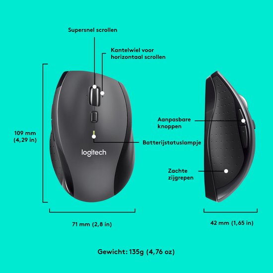 Logitech M705 - Draadloze Marathon Muis - USB - Rechtshandig - Grijs
