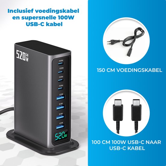 520W 8-poorts USB-oplaadtoren - Laadstation - Snellader 100W - Oplader - 4x USB-C PD Fast Charge 100W - 4x USB-A Quick Charge 30W - GaN Technologie - Inclusief USB-C 100W oplaadkabel - Zwart
