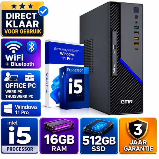Office PC Intel Core i5 | 16GB RAM | 512GB SSD | Windows 11 Pro | WiFi & Bluetooth | Zakelijke Computer | Werkcomputer | Thuiswerk PC | Desktop Computer | Plug & Play | Klaar voor Gebruik | DVD-RW | Office Geschikt | Studie PC | 3 Jaar Garantie