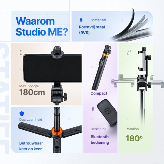 Studio ME Telefoon Statief - 180 cm - Selfiestick Tripod - Action Camera Statief - Incl. Bluetooth Afstandsbediening - Tripod Smartphone