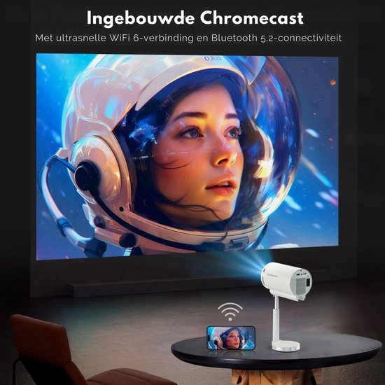 Lumora® Pro Mini Beamer 2026 – Alles-in-één Smart TV Projector – 4K Ultra HD – Android 13 – WiFi 6 & Bluetooth 5.4 – Voor iOS & Android – Inclusief in hoogte verstelbare standaard – Wit