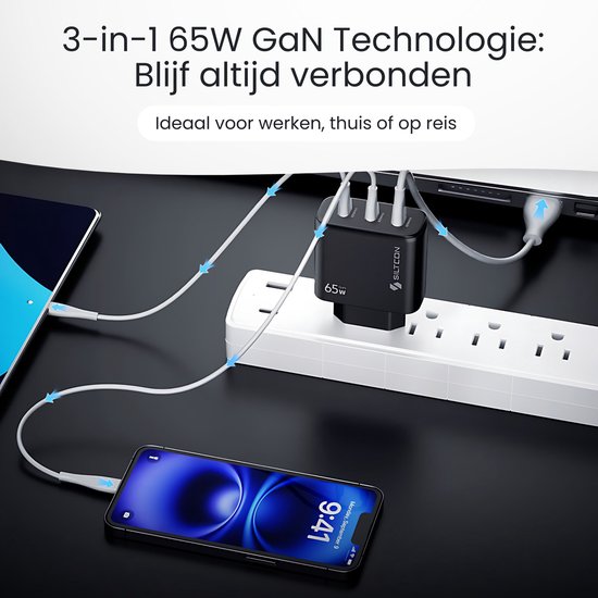 Siltcon® 3-in-1 Snellader USB C 65W - USB C Adapter - Oplader USB C - 2x USB-C PD 65W - 1x USB-A PD 22.5W - GaN - Universeel o.a. Telefoons, Laptops - 2 Meter 65W USB-C Snellaadkabel