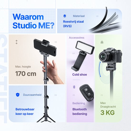 Studio ME Telefoon Statief - 170 cm - Tripod Smartphone - Zwart - Camera Statief - Telefoonhouder - Incl. Bluetooth Afstandsbediening - Tripod Iphone - Statief Telefoon