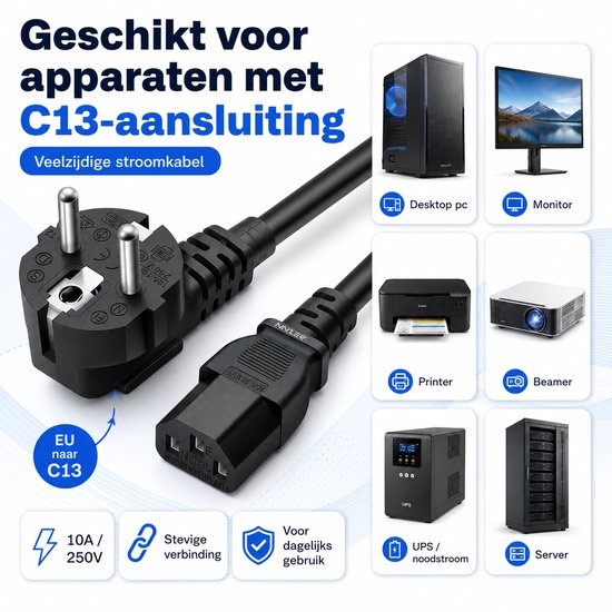 Ninzer C13 Netsnoer Euro Plug Voedingskabel - Stekker Stroom kabel - Voeding Netstekker 1.5 meter - voor o.a Computer, Printer, Monitor, Scanner, PC