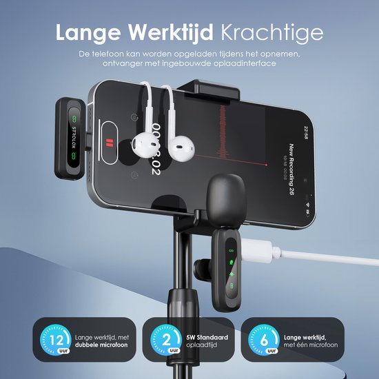 Strolox® Draadloze Microfoon Pro - 2 Stuks - Lavalier - Windshields - Dasspeld - Lange Batterij - USB-C/Lightning - Plug & Play