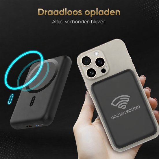 Golden Sound Powerbank 10.000 mAh - Geschikt voor MagSafe systeem - Powerbanks - Magnetisch opladen - Noodpakket - Draadloos opladen - Met USB-C Poort