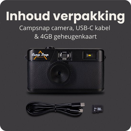 Campsnap Digitale Camera - Schermvrije Retro Fotocamera - 8 Megapixel - 2000 foto's - Minimalistisch Vintage Design - Met Flits - Oplaadbaar - 4GB - Zwart