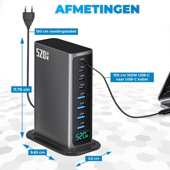 520W 8-poorts USB-oplaadtoren - Laadstation - Snellader 100W - Oplader - 4x USB-C PD Fast Charge 100W - 4x USB-A Quick Charge 30W - GaN Technologie - Inclusief USB-C 100W oplaadkabel - Zwart