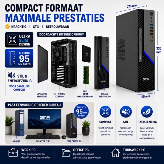 Desktop Computer Intel Core i3 | 8GB RAM | 512GB SSD | Windows 11 Pro | Office PC | Werkcomputer | Zakelijke Computer | Thuiswerk PC | Studie Computer | Kantoor PC | Plug & Play | Direct Klaar voor Gebruik | WiFi | 3 Jaar Garantie