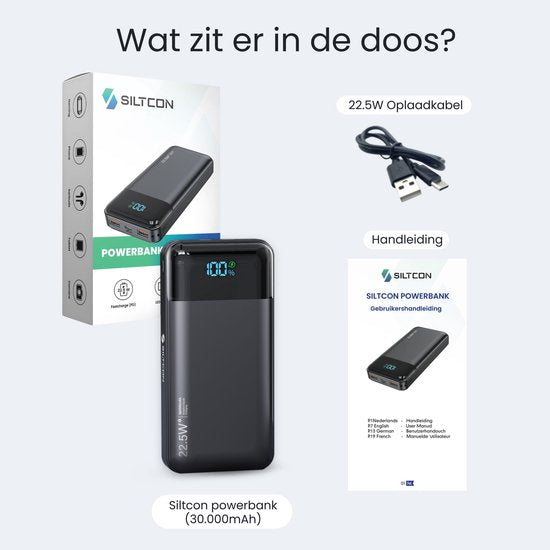 Siltcon® Powerbank 30000 mAh– Powerbanks 22.5W Snellader – USB-A/USB-C - LED Indicatie - Noodpakket - Universeel - Incl. 22.5W USB-C Snellaadkabel