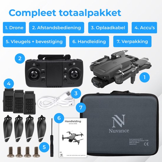Nuvance - Drone met Camera en GPS - 1080p Mini Camera - voor Buiten en Binnen - inclusief Opbergtas en 3 Accu's - Mini Drone - Drone voor Kinderen en Volwassenen - Drones