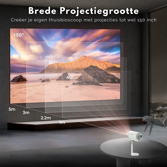 Lumora® Pro Mini Beamer 2026 – Alles-in-één Smart TV Projector – 4K Ultra HD – Android 13 – WiFi 6 & Bluetooth 5.4 – Voor iOS & Android – Inclusief in hoogte verstelbare standaard – Wit