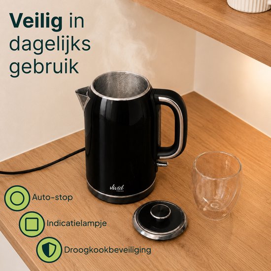Vivid Green Luxe Waterkoker 1.7L - Retro Design - 2200W - BPA-vrij - 360° - RVS - Zwart