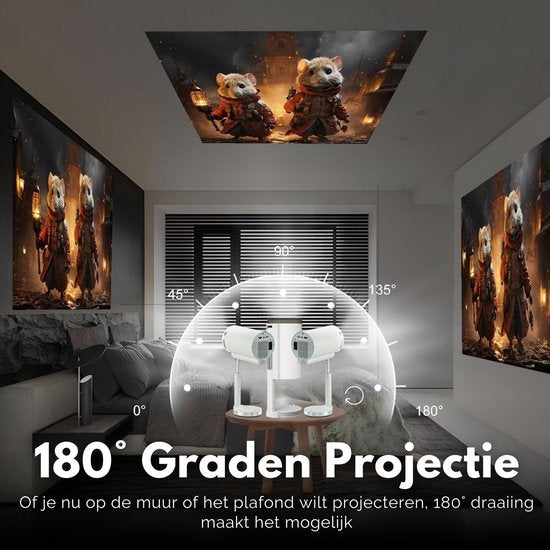 Lumora® Pro Mini Beamer 2026 – Alles-in-één Smart TV Projector – 4K Ultra HD – Android 13 – WiFi 6 & Bluetooth 5.4 – Voor iOS & Android – Inclusief in hoogte verstelbare standaard – Wit