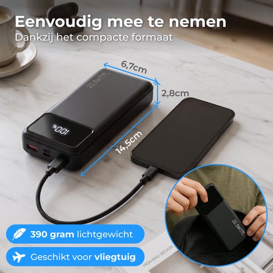 Nuvance Powerbank 20000 mAh - 22.5W Snellader - Usb, Usb-C & Micro Usb - Universeel - Incl. 22.5W Snellaadkabel - Gadgets - Reis Powerbanks
