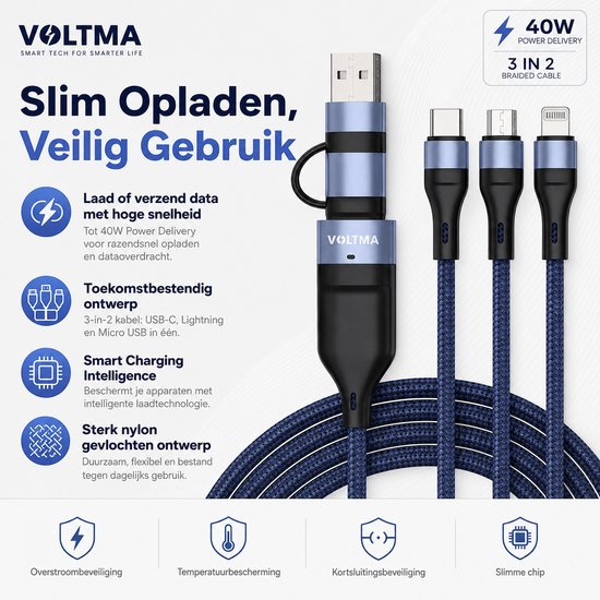 Voltma 40W 3-in-2 multi-oplaadkabel - 1,2 m gevlochten snelle 3 in 2 multi oplaadkabel - 2 ingangen (USB type A en C) 3 uitgangen met Lightning / MicroUSB / USB-C kabel - USB C Datakabel - Geschikt voor Apple Carplay, Samsung, Android Auto - Blauw