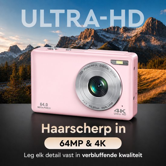 K&L Digitale Camera - 4K Ultra HD & 64MP - 64GB - Fotocamera - Inc. Selfiecamera - Vlog Camera voor Kinderen en Volwassenen - Compact Camera - Foto & Video - Dual Lens - 16x Zoom