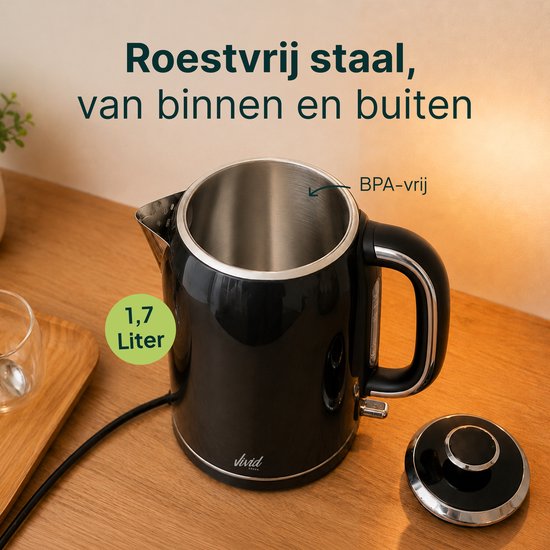 Vivid Green Luxe Waterkoker 1.7L - Retro Design - 2200W - BPA-vrij - 360° - RVS - Zwart