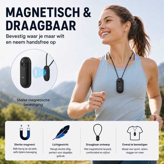 WINNES Mini Action Camera 1080P HD – WiFi Sportcamera / Bodycam met 120° Groothoeklens, Magnetische Clip & Lanyard – Handsfree POV Camera voor Fietsen, Motor, Reizen, Vloggen, Dashcam & Huisdieren