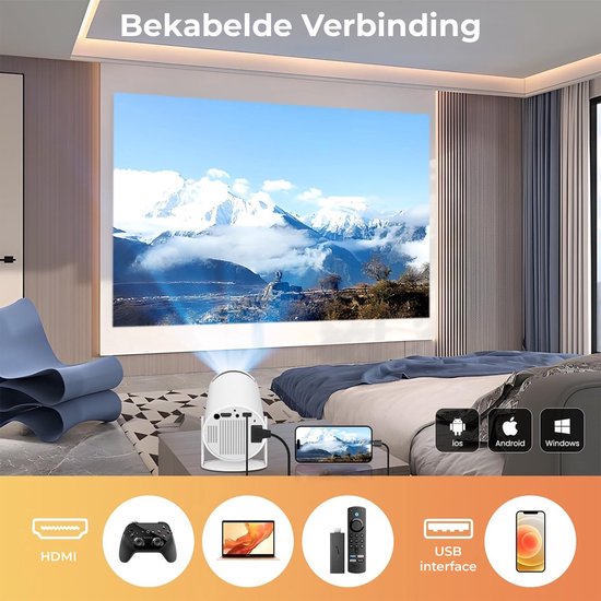 Ultieme Draagbare WiFi 6 Mini Beamer - 200 ANSI Lumen - Projector Streamen - BT 5.0 - Android - Home Cinema