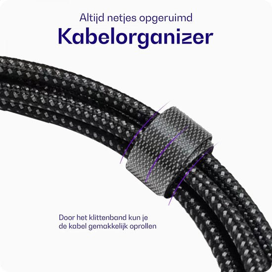 Buddi Flex - USB-C naar USB-C Kabel - 60W Fast Charge 20V/3A - Power Delivery - 480Mbps Dataoverdracht - Gevlochten Nylon - 1M - Zwart