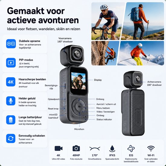 Camigoo® Q3 Pro – 4K Mini Action Camera - Draagbare Actie Camera - Dual Lens Voor & Achter - Incl. 64GB SD Kaart - 150° Groothoek – WiFi Met APP - 180° Draaibaar - 2000mAh Batterij - Loop Recording - Compacte Vlog Camera met Scherm - Zwart