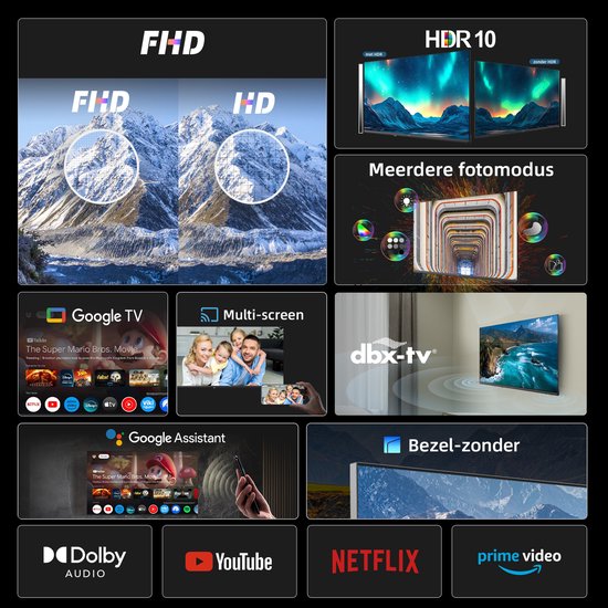 CHiQ LF32FT - Smart TV 32 Inch - Full HD - Metalen Randloos - Google TV - Dolby Audio - HDMI - Nieuw