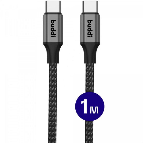Buddi Flex - USB-C naar USB-C Kabel - 60W Fast Charge 20V/3A - Power Delivery - 480Mbps Dataoverdracht - Gevlochten Nylon - 1M - Zwart