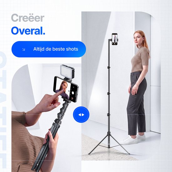 Studio ME Telefoon Statief - 170 cm - Tripod Smartphone - Zwart - Camera Statief - Telefoonhouder - Incl. Bluetooth Afstandsbediening - Tripod Iphone - Statief Telefoon