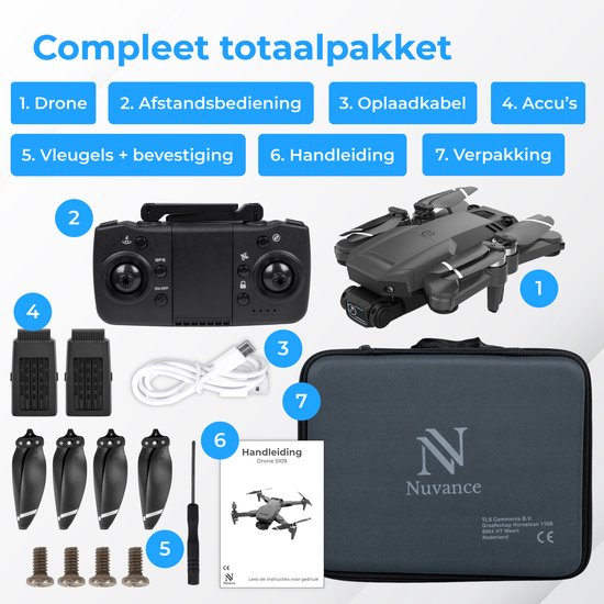 Nuvance - Drone met Camera en GPS - 1080p Mini Camera - voor Buiten en Binnen - inclusief Opbergtas en 2 Accu's - Mini Drone - Drone voor Kinderen en Volwassenen - Drones
