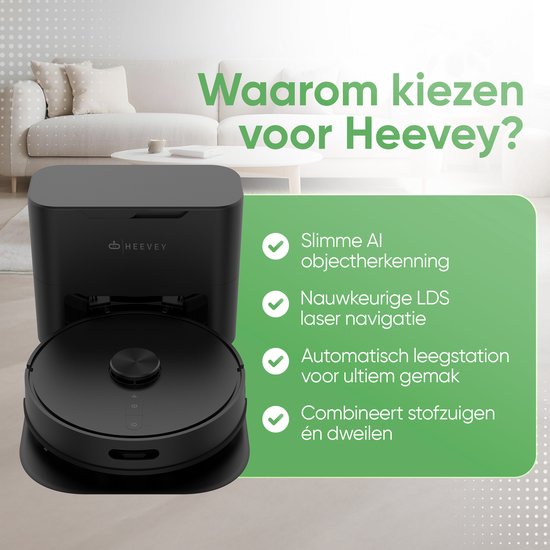 Heevey Robotstofzuiger met dweilfunctie - Automatisch leegstation - Vacuum cleaner - Dweilrobot - Huisdieren - 7000PA zuigkracht - LDS lasernavigatie - Dweilrobot - 2 extra stofzuigerzakken - Met app