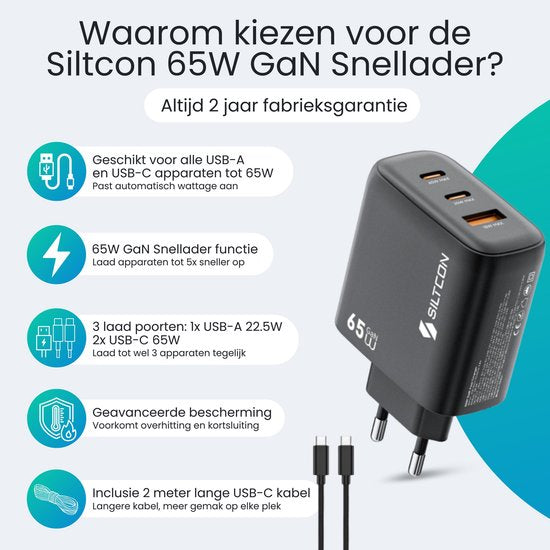 Siltcon® 3-in-1 Snellader USB C 65W - USB C Adapter - Oplader USB C - 2x USB-C PD 65W - 1x USB-A PD 22.5W - GaN - Universeel o.a. Telefoons, Laptops - 2 Meter 65W USB-C Snellaadkabel