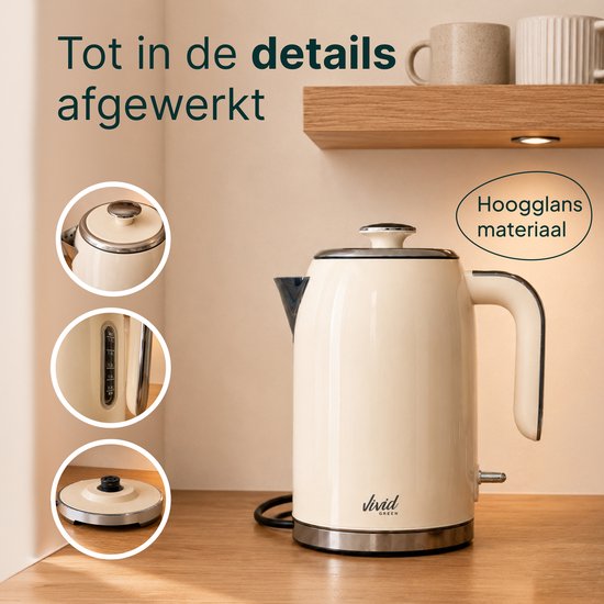 Vivid Green Luxe Waterkoker 1.7L - Retro Design - 2200W - BPA-vrij - 360° - RVS - Creme