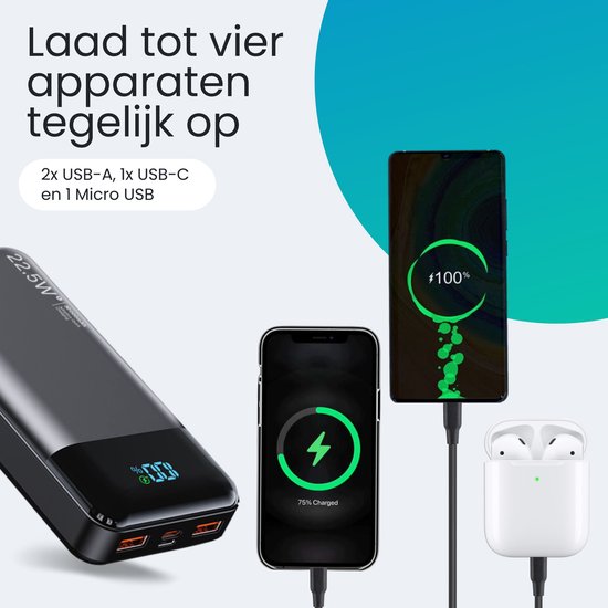 Siltcon® Powerbank 30000 mAh– Powerbanks 22.5W Snellader – USB-A/USB-C - LED Indicatie - Noodpakket - Universeel - Incl. 22.5W USB-C Snellaadkabel