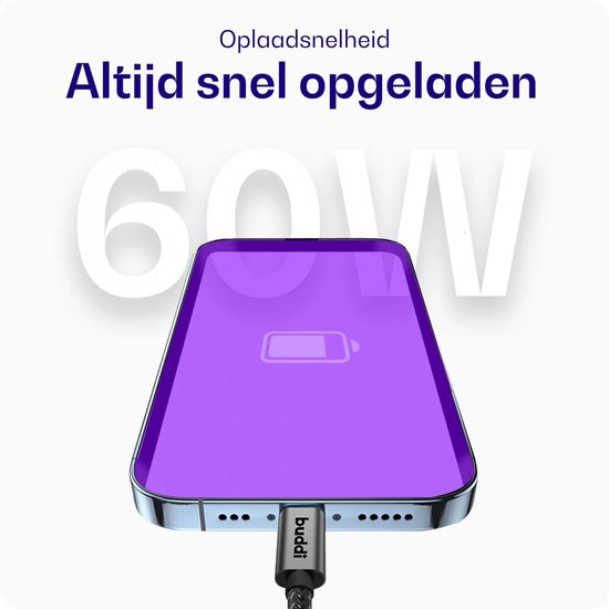 Buddi Flex - USB-C naar USB-C Kabel - 60W Fast Charge 20V/3A - Power Delivery - 480Mbps Dataoverdracht - Gevlochten Nylon - 1M - Zwart